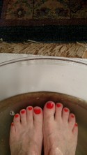 Nancie's toes soak in warm Epsom salt Nancie's toes soak in warm Epsom salt